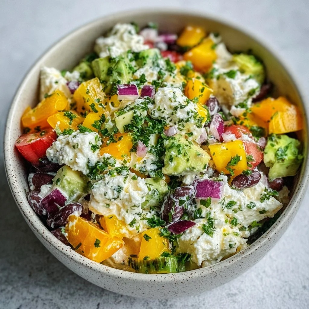 Southwest cottage cheese salad with fresh vegetables and zesty dressing