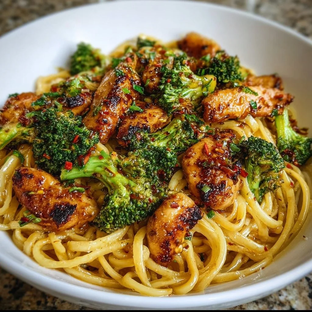 Spicy Garlic Chicken and Broccoli Noodle Bowls Delight You!
