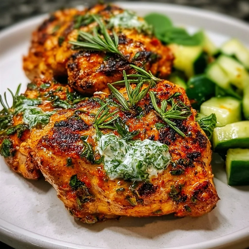 Delicious spicy Mediterranean chicken served on a plate with fresh vegetables.