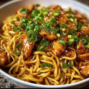 Delicious sticky garlic chicken noodles served in a bowl