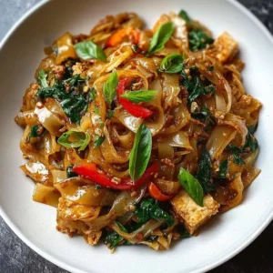 Delicious Street Style Thai Drunken Noodles served with fresh vegetables and spices
