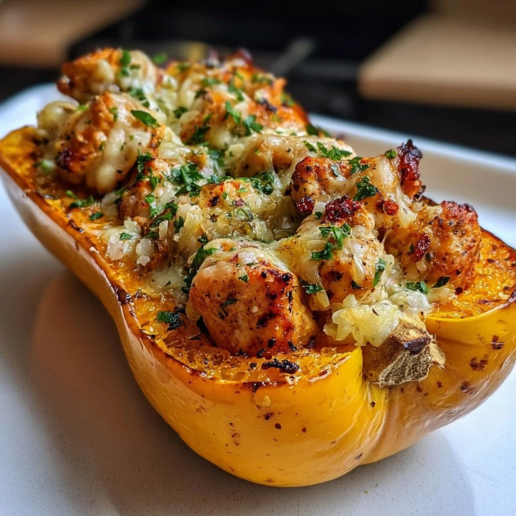 Honey roasted butternut squash stuffed with chicken on a plate