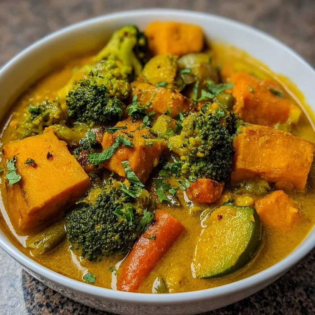 Bowl of sweet potato vegetable curry with broccoli and spices on a wooden table.