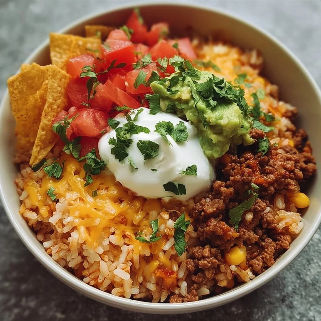 A colorful Taco Rice Bowl topped with fresh veggies and salsa.