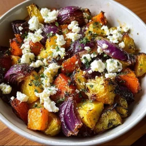 Plate of tasty roasted vegetables topped with crumbled feta cheese