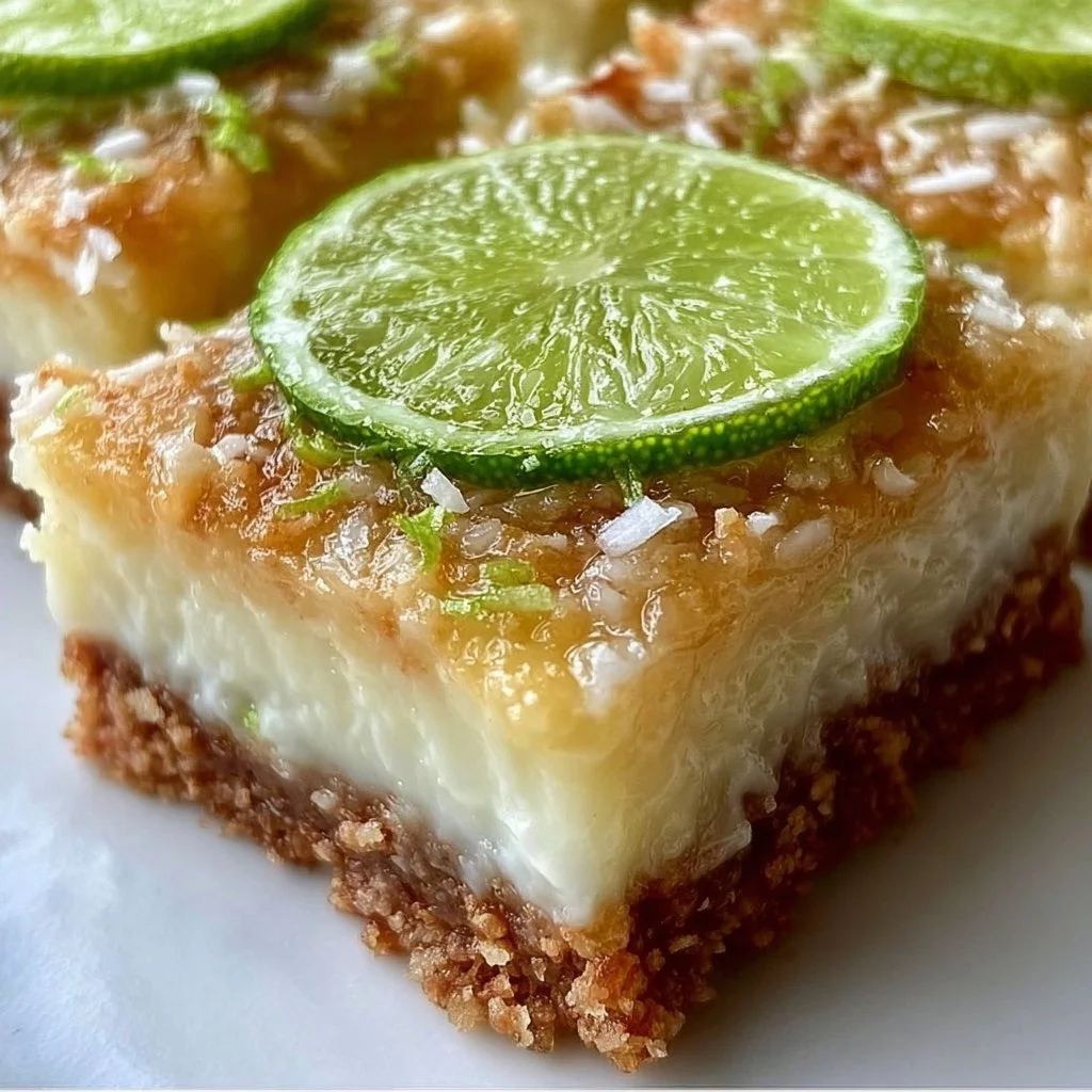 Tropical Coconut Lime Bars with a refreshing lime and coconut topping