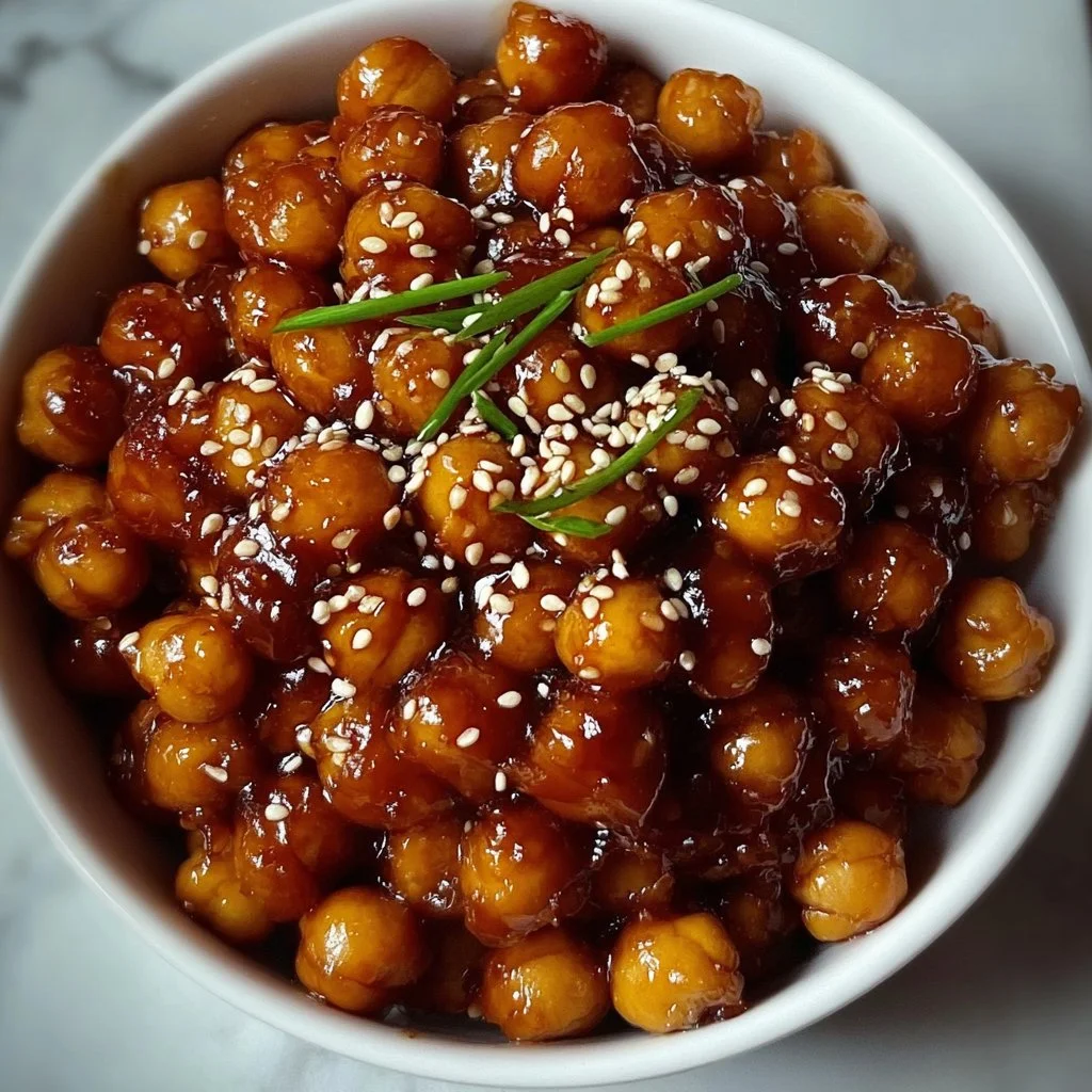 Bowl of Vegan Sticky Sesame Chickpeas drizzled with sesame sauce