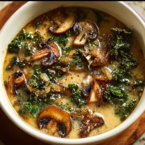 Delicious bowl of wild mushroom soup with caramelized onion and kale garnish