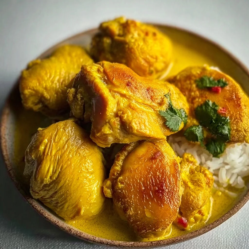 A plate of Yellow Churu Chicken garnished with fresh herbs and spices.
