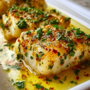 A plate of Mediterranean Baked Cod with lemon and garlic garnished with herbs.