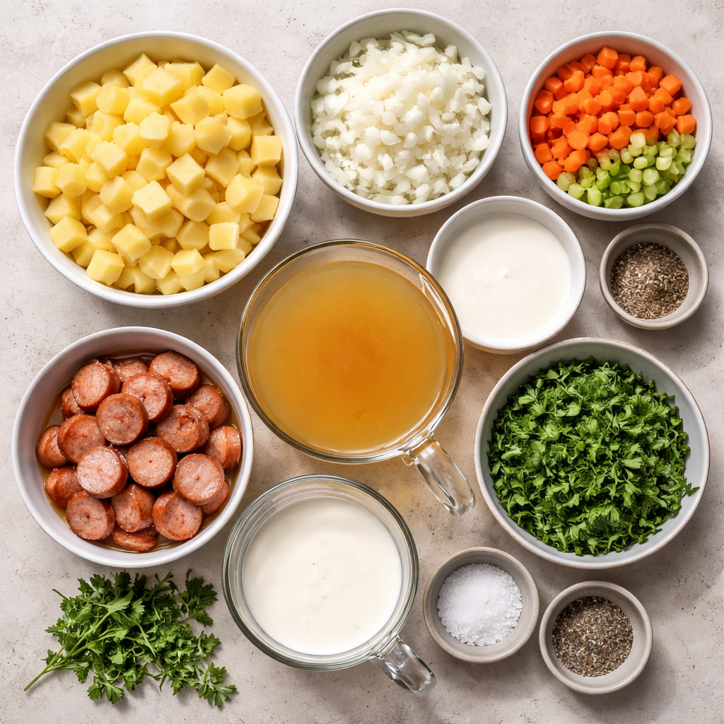 Classic German Potato Soup with Sausage ingredients photo