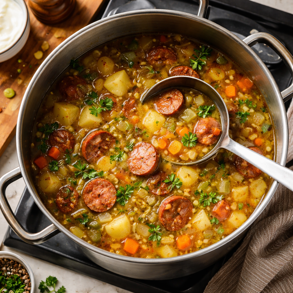 Classic German Potato Soup with Sausage preparation photo