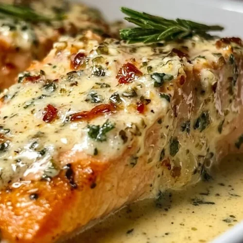 Baked Boursin salmon dish garnished with herbs on a plate