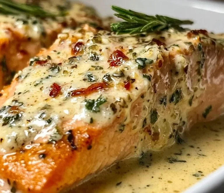 Baked Boursin salmon dish garnished with herbs on a plate