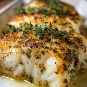Baked cod garnished with fresh herbs on a plate, ready to serve.