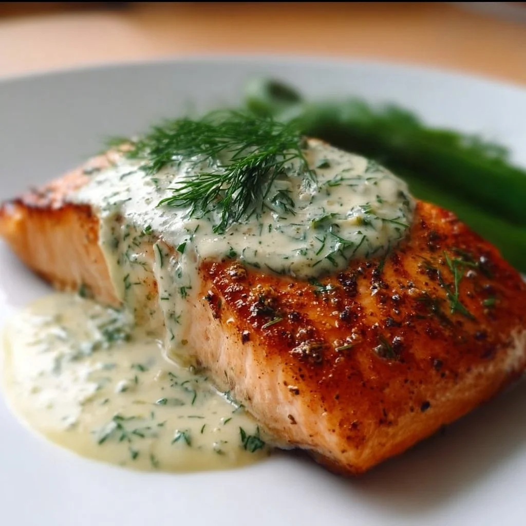 Baked salmon fillet with dill sauce on a plate