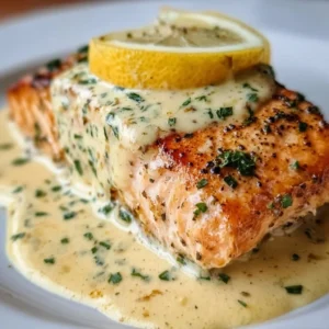 Baked salmon fillet served with lemon butter cream sauce on a plate.