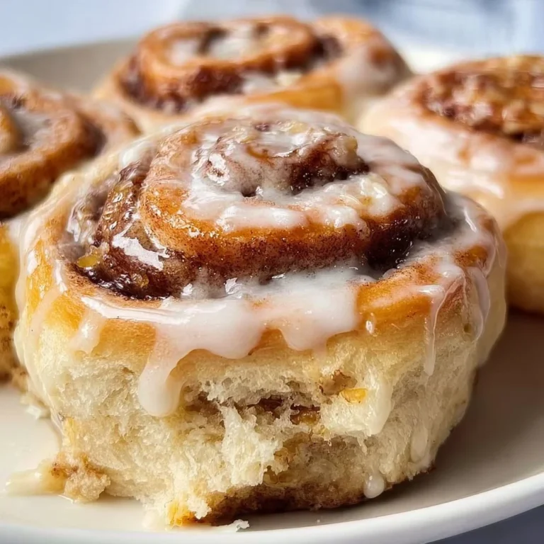 Delicious banana bread cinnamon rolls topped with creamy icing on a wooden table.