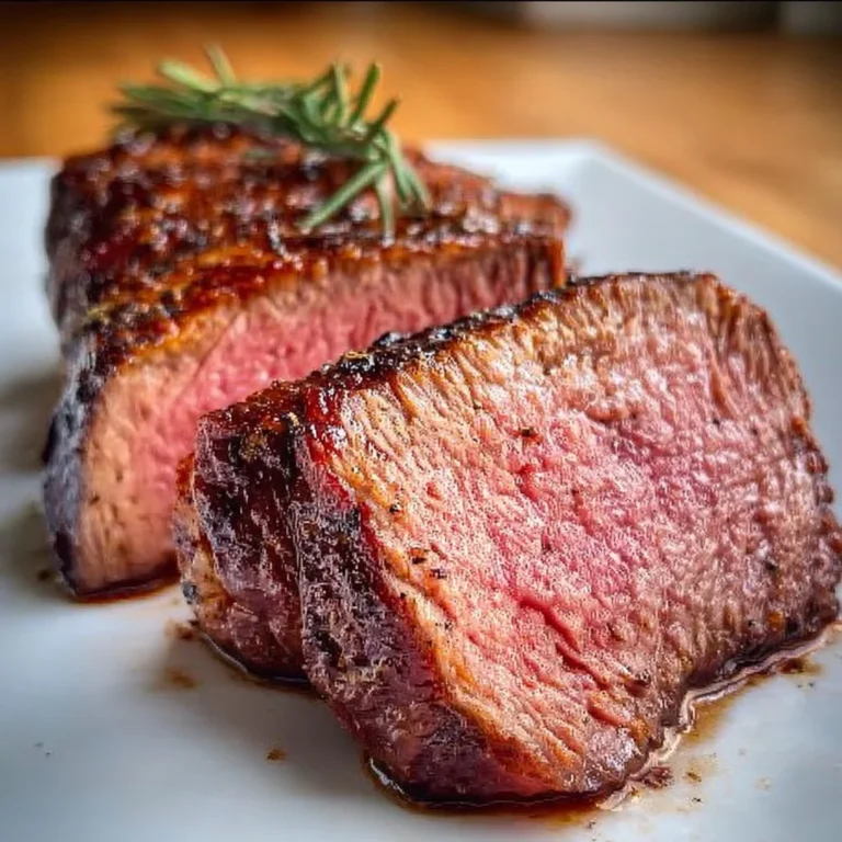 Juicy beef chuck tender roast served with herbs and vegetables on a rustic table.