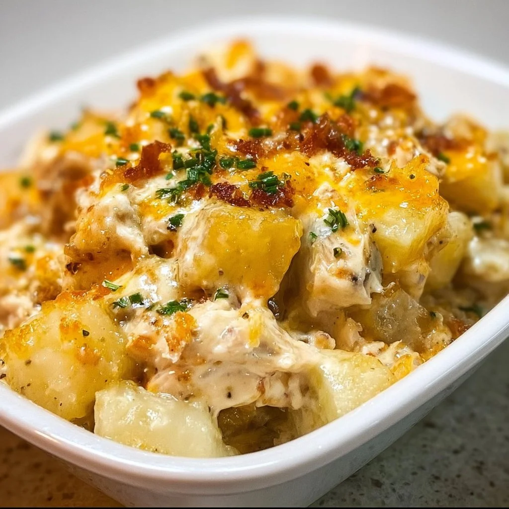 Loaded Chicken and Potatoes Casserole topped with cheese and herbs