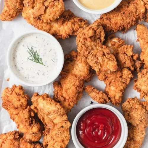 Crispy buttermilk fried chicken tenders served with dipping sauce