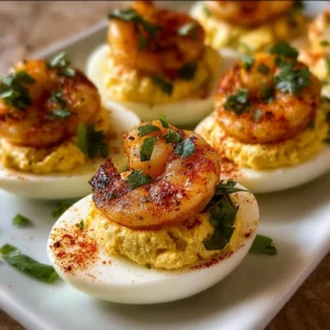 Cajun shrimp deviled eggs garnished with herbs on a platter