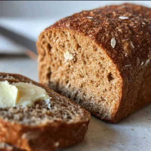 Loaf of Cheesecake Factory brown bread sliced and served with butter