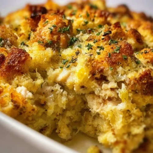 Delicious Chicken and Stuffing Casserole served in a baking dish