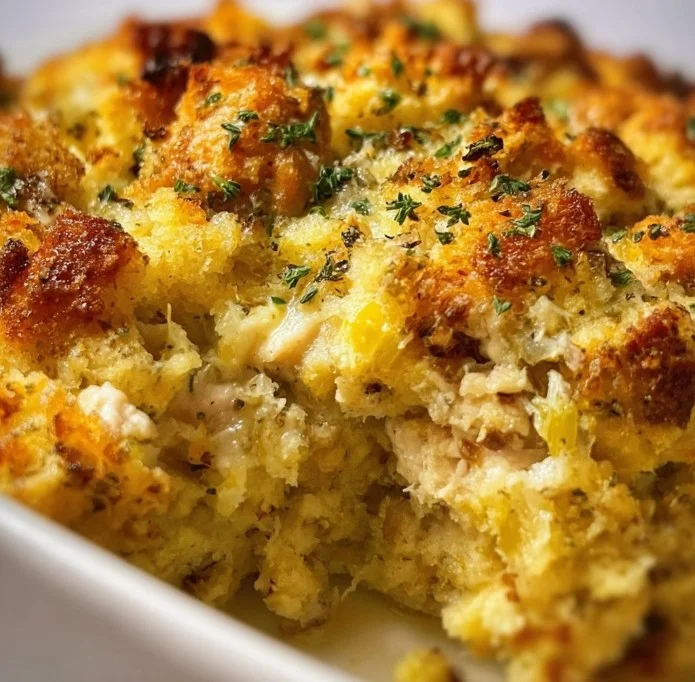 Delicious Chicken and Stuffing Casserole served in a baking dish