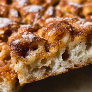 Freshly baked Cinnamon Focaccia with a golden crust and cinnamon topping.