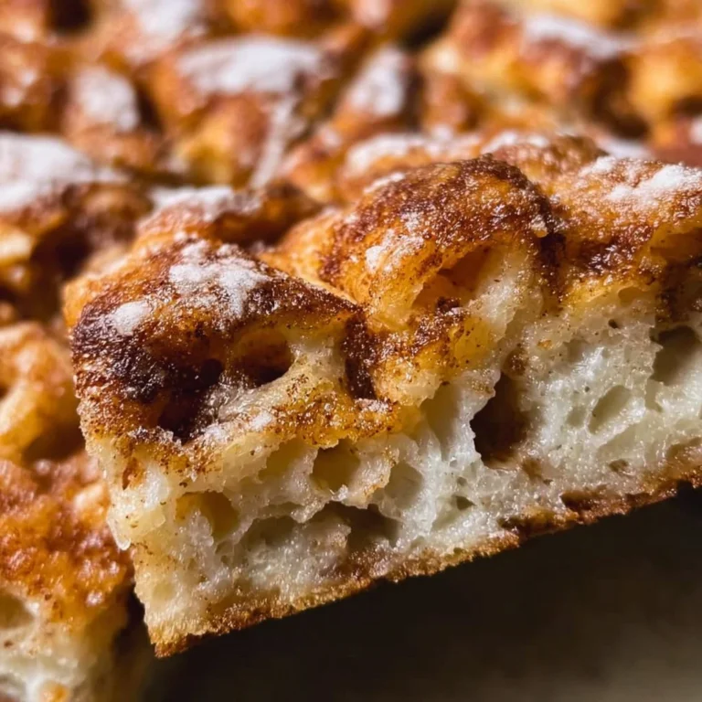 Freshly baked Cinnamon Focaccia with a golden crust and cinnamon topping.