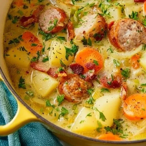Bowl of classic German potato soup with sausage garnished with herbs
