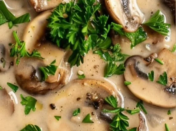 Bowl of creamy cottage cheese mushroom soup with fresh herbs