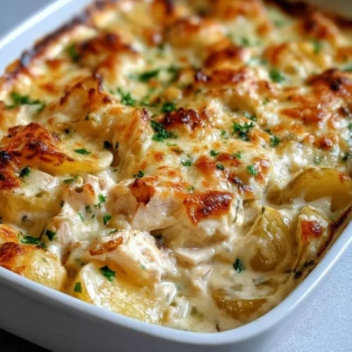 Creamy chicken and potato casserole fresh out of the oven