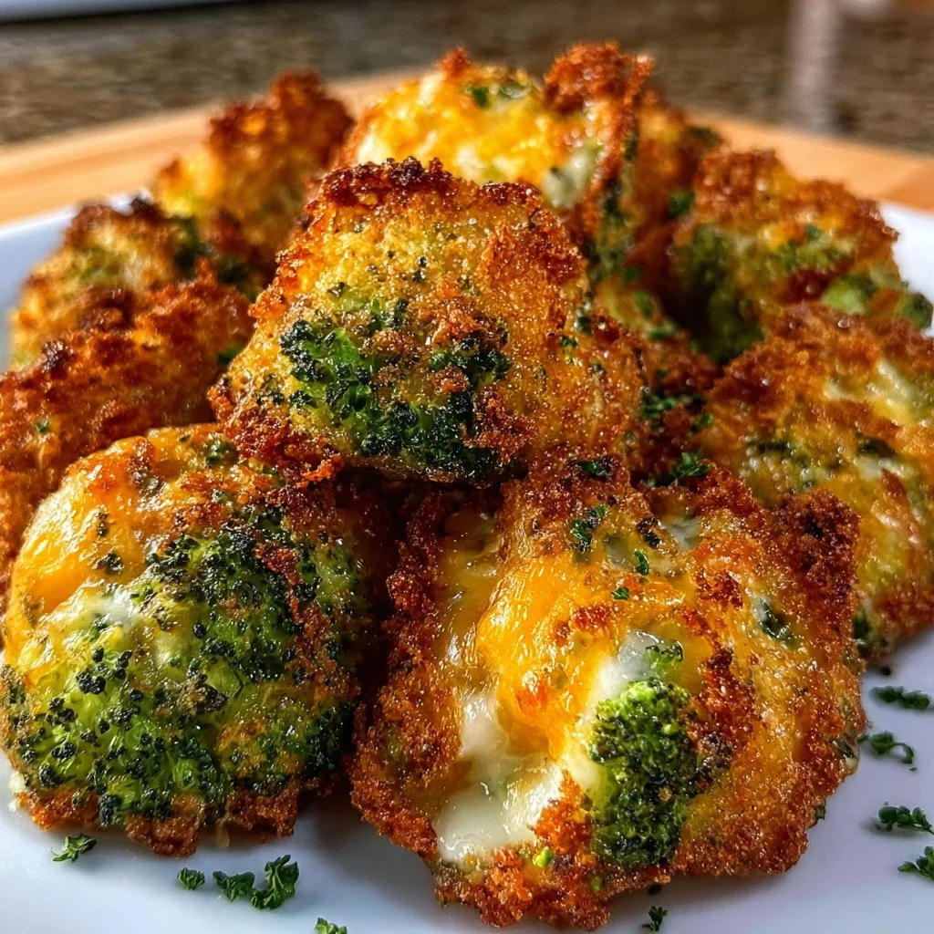 Crispy air fryer broccoli cheese bites ready to serve on a plate