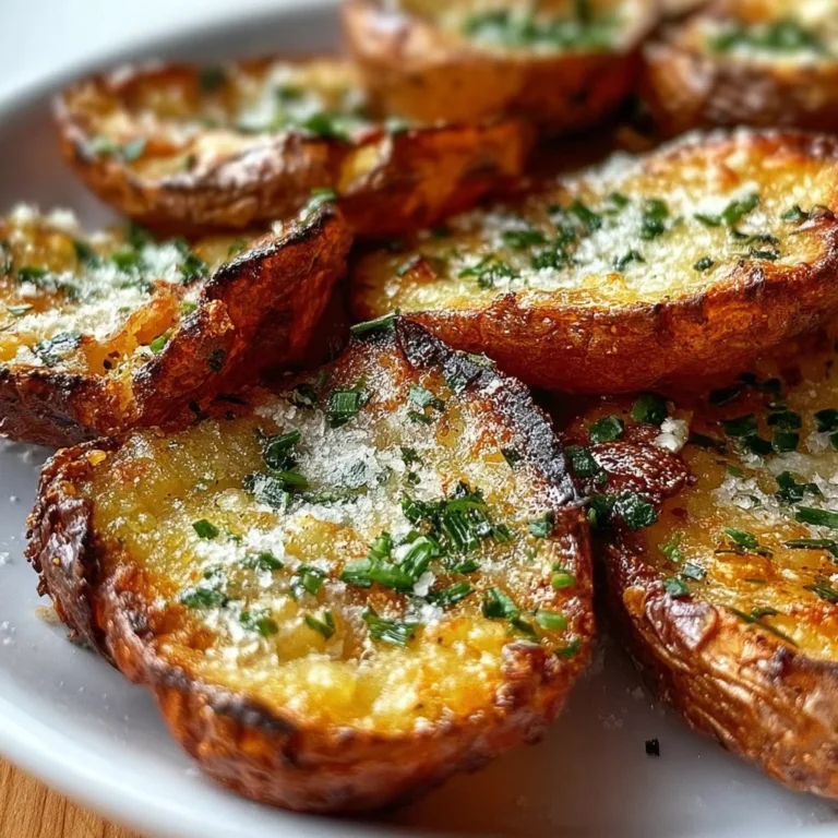 Crispy garlic herb roasted potato skins on a wooden board, garnished with herbs