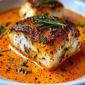 Cod fillets served in a flavorful roasted red pepper sauce