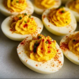 Delicious platter of deviled eggs topped with herbs