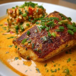 Easy Red Snapper fillet topped with Creamy Creole Sauce on a plate