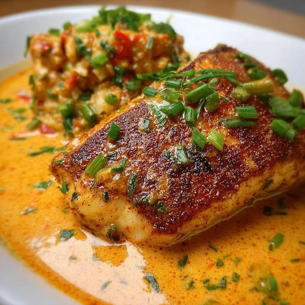 Easy Red Snapper fillet topped with Creamy Creole Sauce on a plate
