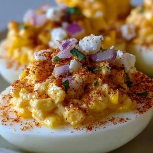 Elote deviled eggs topped with chipotle mayo and garnished with cilantro
