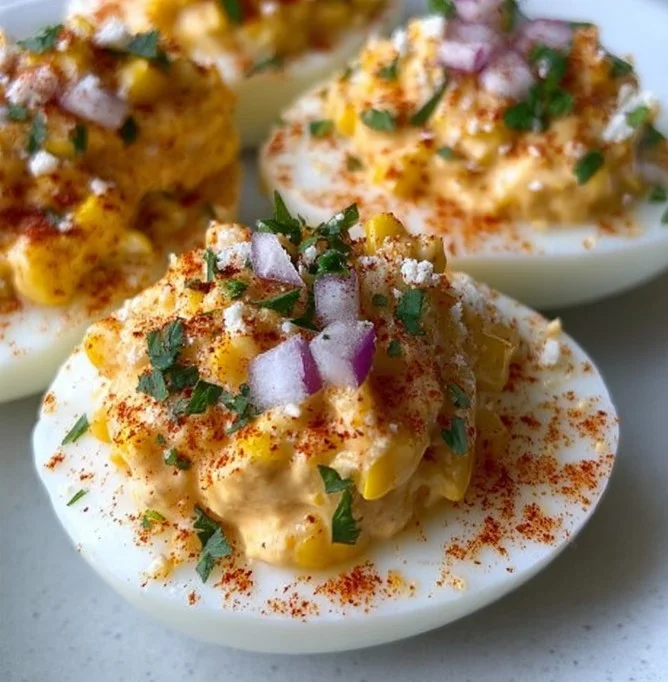 Elote Deviled Eggs with Zesty Chipotle Mayo