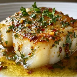 Delicious Garlic Butter Cod fillet garnished with herbs and served on a plate