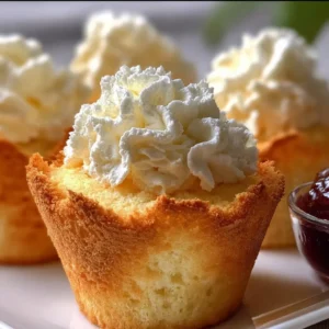 Golden angel food cupcakes topped with fresh frosting and berries