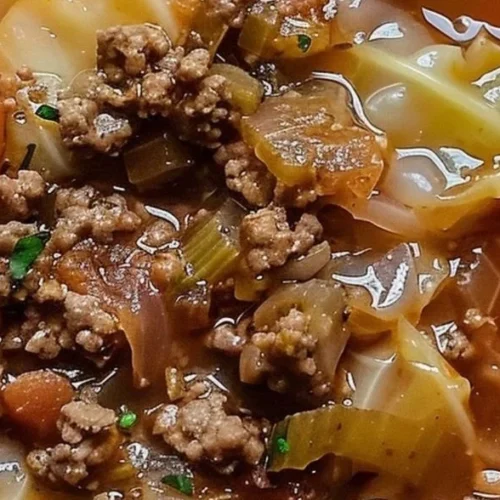 Bowl of hearty cabbage soup with ground beef and vegetables