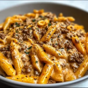 Creamy beef pasta dish with high protein content, garnished and ready to serve.