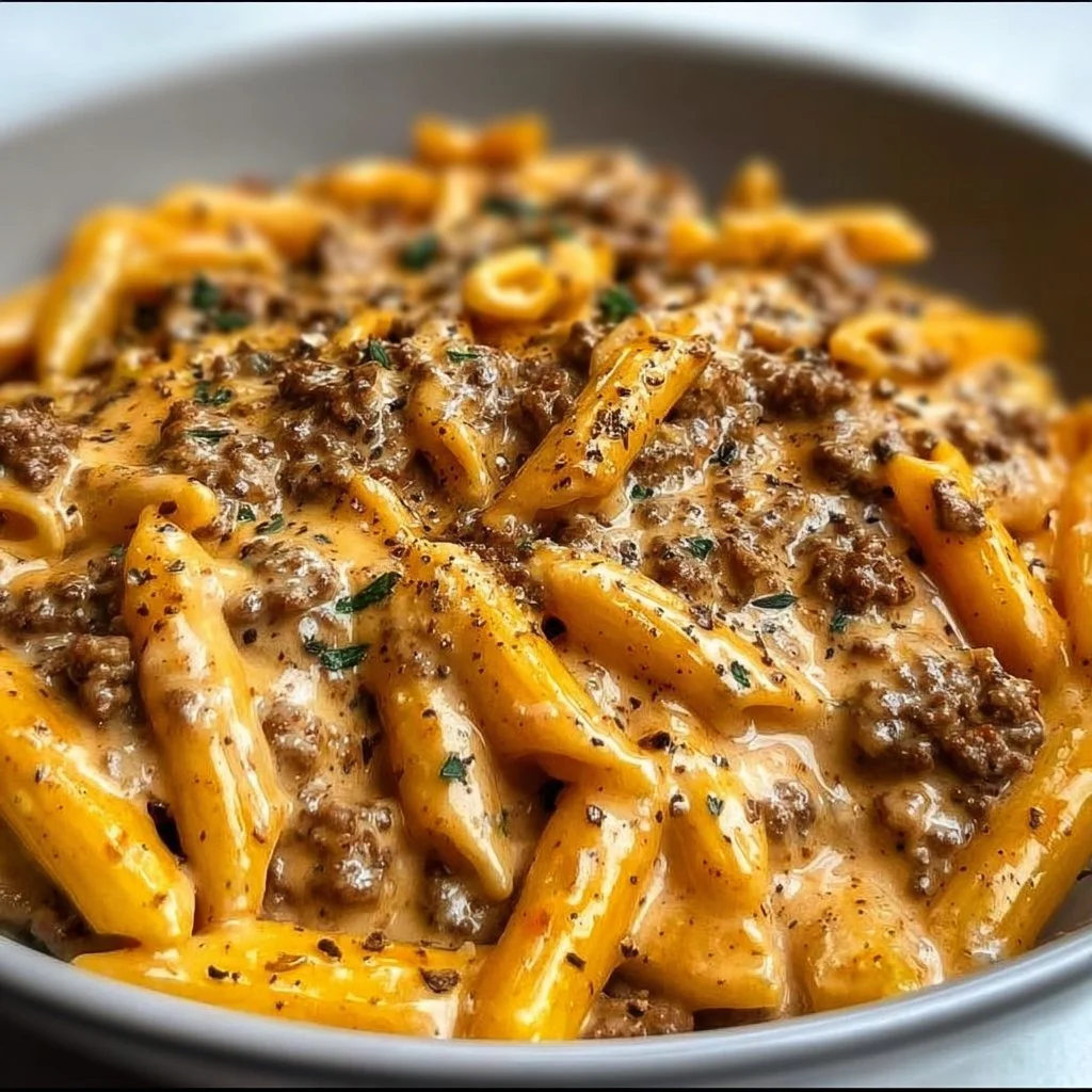 Creamy beef pasta dish with high protein content, garnished and ready to serve.