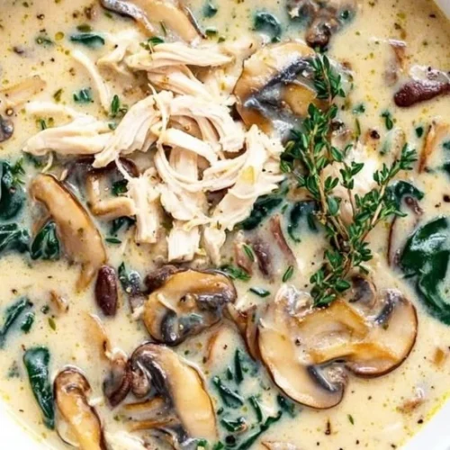 Bowl of homemade rotisserie chicken and mushroom soup garnished with herbs