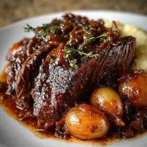 Delicious Honey Balsamic Chuck Roast garnished with herbs and served on a plate