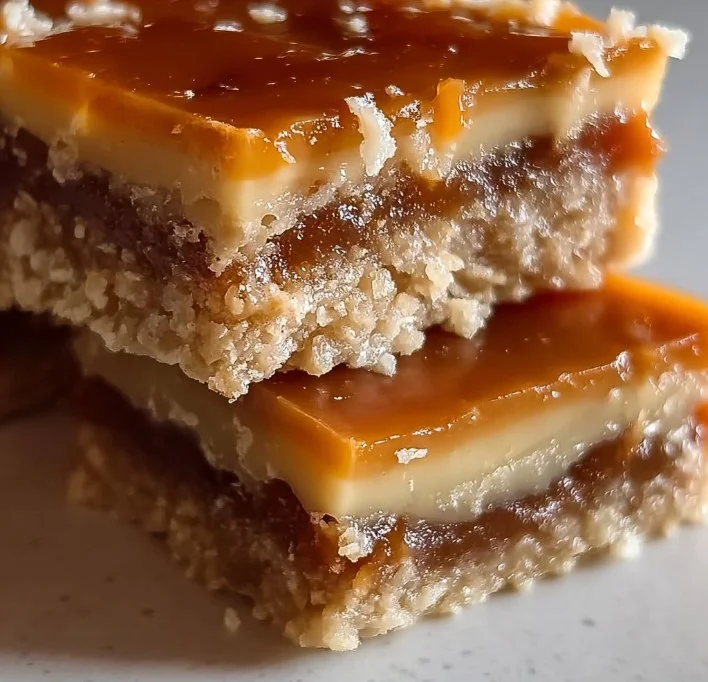 Delicious homemade Caramel Crush Bars dessert with caramel drizzle